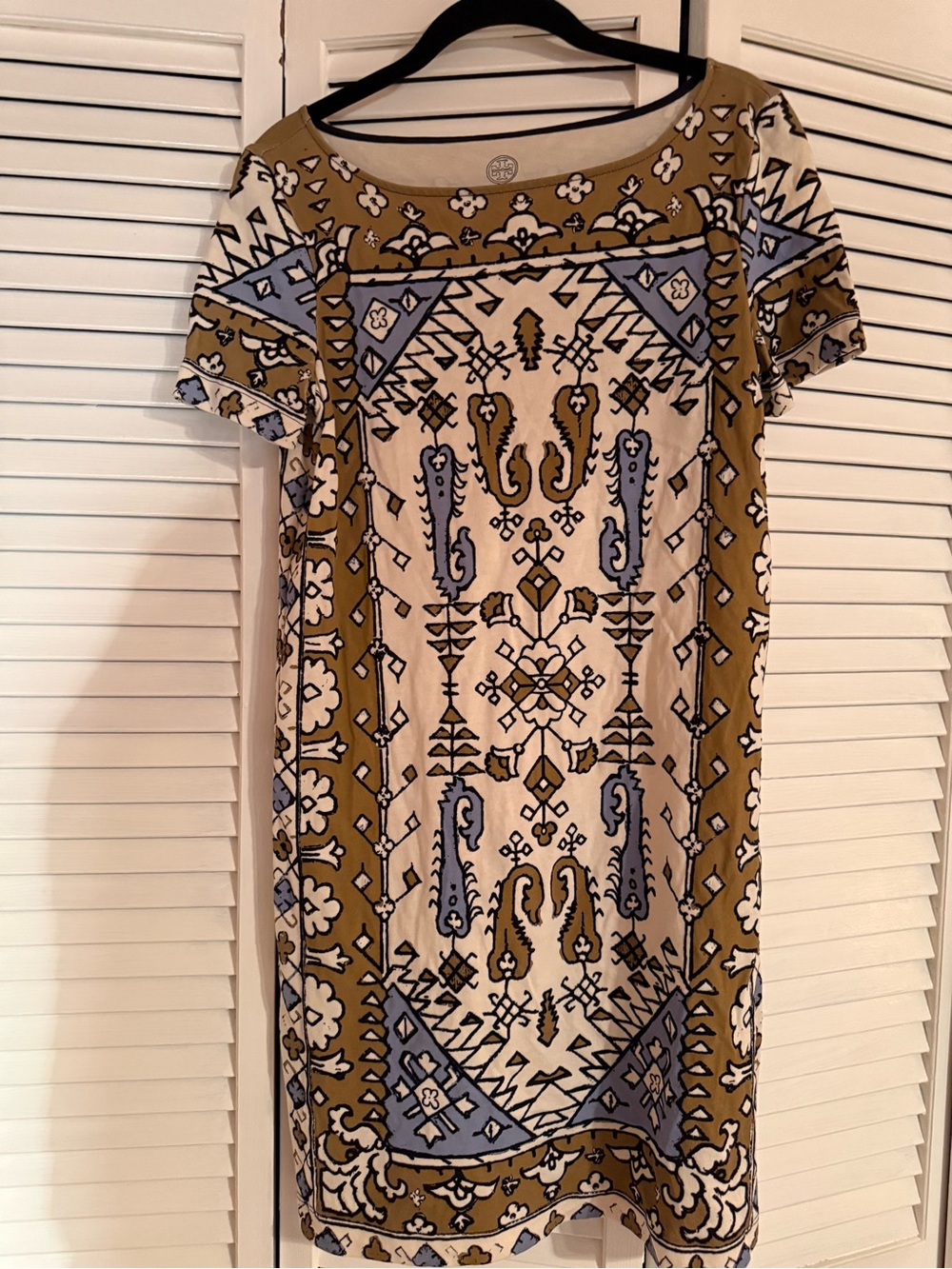 Unique Boho Tory Burch Olive, Blue & White Shift Dress